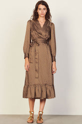 Robe portefeuille mi-longue à volants et manches longues, imprimé floral vintage - Café